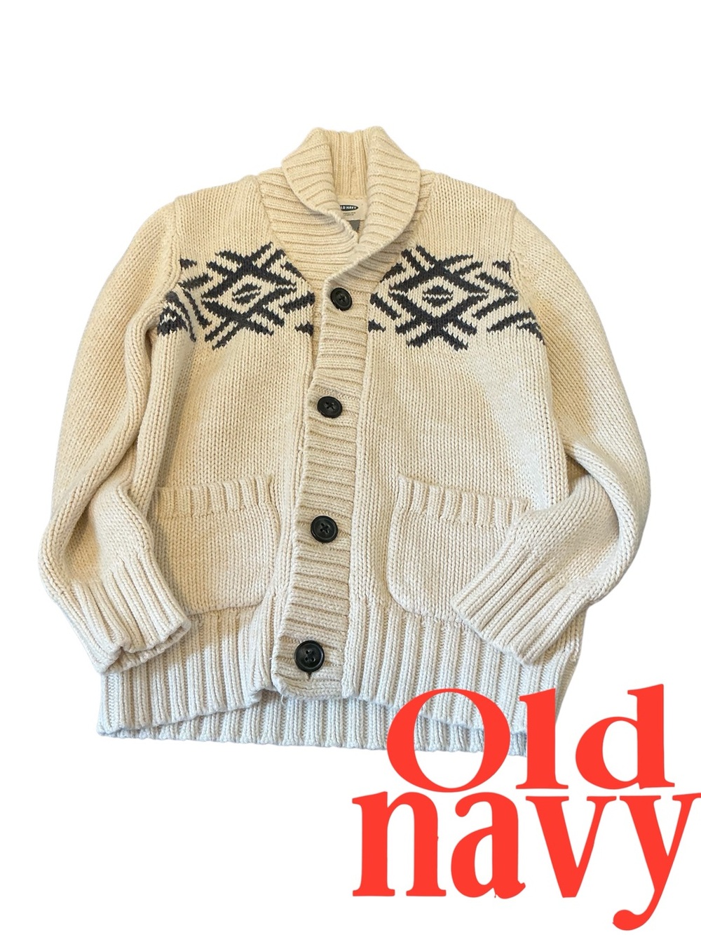 Old Navy Cream Shawl Collar Cardigan with Black Geometric Yoke size 4T